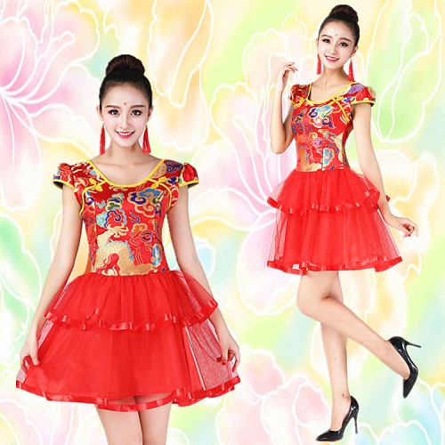 Women's Chinese folk dance dresses gold red colored ancient traditional dragon china style yangko fan square dance dress costumes
